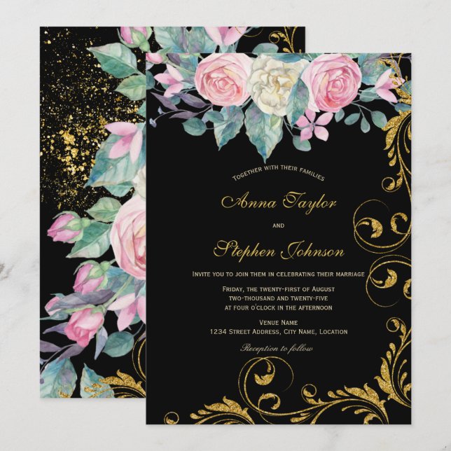 Botaniskt Bouquet med Faux Guld Glitter Swirls Inbjudningar (Fram/baksida)