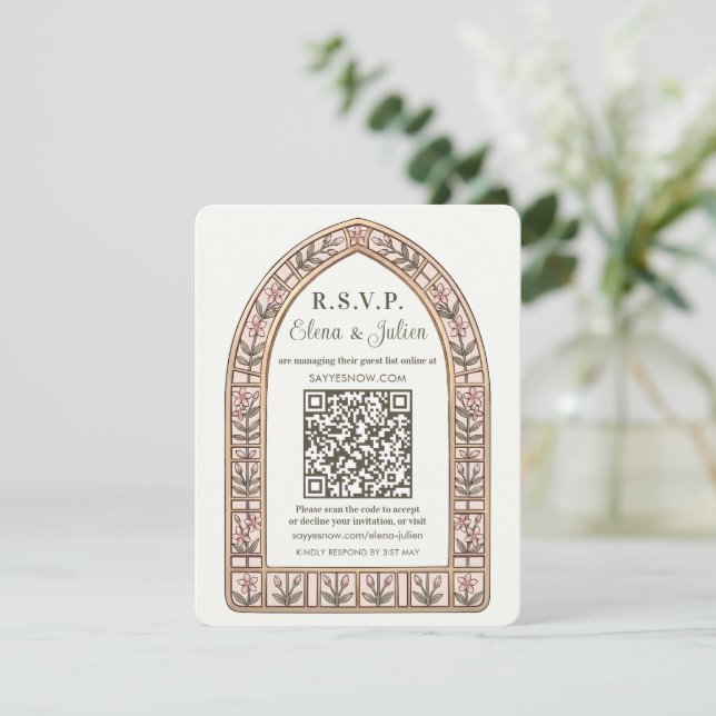 Botaniskt bröllop med QR-kod för svar på bröllopsk (Stående Fram)