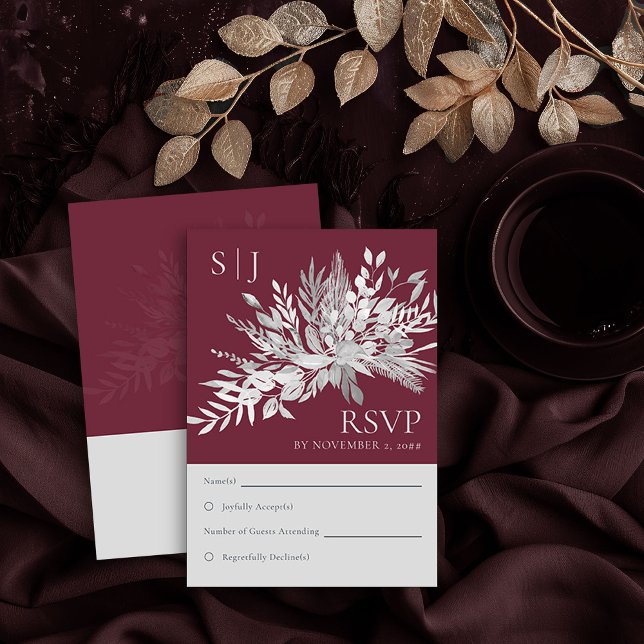 Botaniskt Bröllop OSA för oljeväxter Burgundy Mono Kort (RSVP Card in Burgundy and Grey from the Foliage Duet Collection by Darling & May)