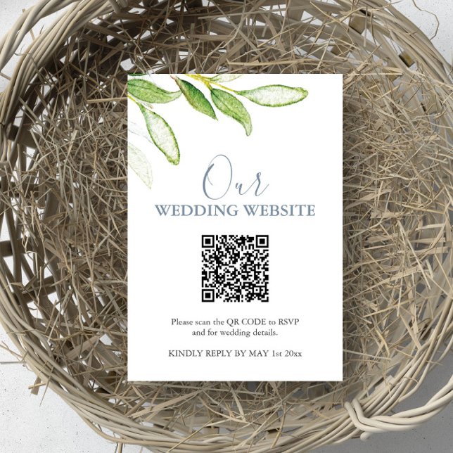 Botaniskt Bröllop-OSA kort med QR-kod (rsvp card wedding website QR code watercolor greenery art by Victoria Grigaliunas of Do Tell A Belle)