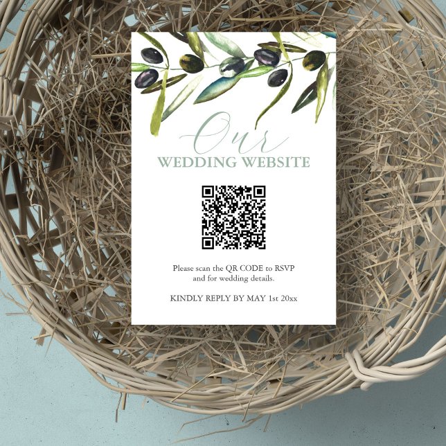 Botaniskt Bröllop-OSA kort med QR-kod (Wedding website rsvp card QR code watercolor olive branch by Victoria Grigaliunas of Do Tell A Belle)