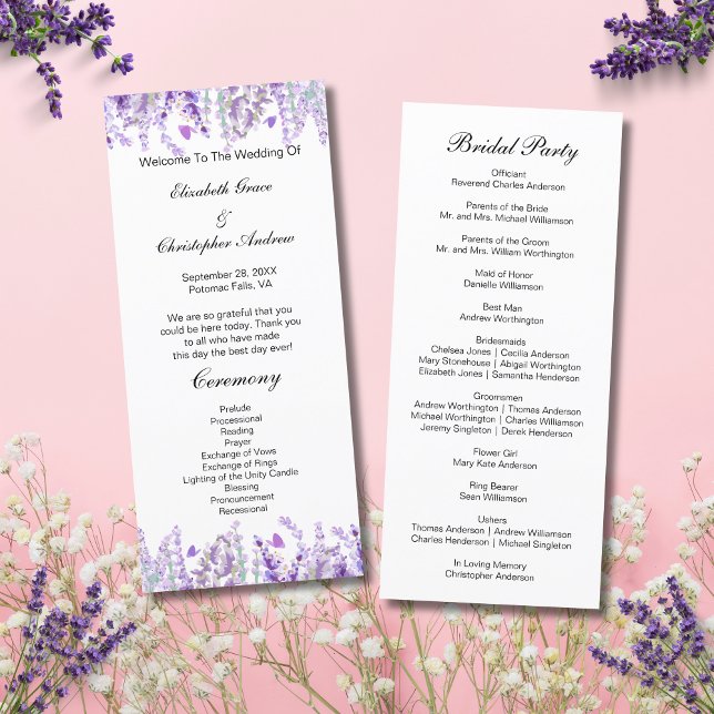 Botaniskt Bröllopsprogram för Lavender Blommigt Meny (Lavender Botanical Floral Watercolor Wedding Program Card- Front and Back)