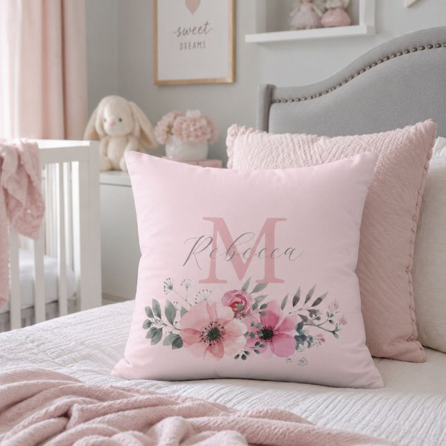 Botaniskt chic rosabränd vattenfärg blommor  kudde (Botanical chic blush pink watercolor floral throw pillow)