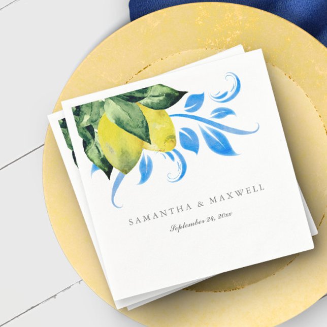 Botaniskt citron Bröllop Bord Decor Pappersservett (custom wedding napkins Italian weddings blue and yellow watercolor lemons by Victoria Grigaliunas)