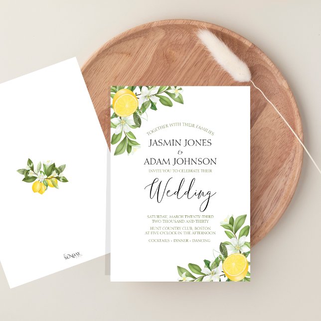 Botaniskt citron Greenery Elegant bröllop Inbjudningar (Citrus Lemons and Greenery Summer Fruits Wedding Invitation)