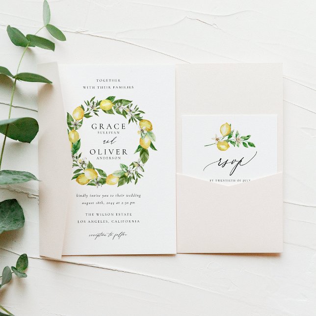 Botaniskt citron Greenery WAN QR-kod Bröllop Inbjudningar (Fresh and elegant watercolor lemon wedding invitation and RSVP card for a nature-inspired weddings.)