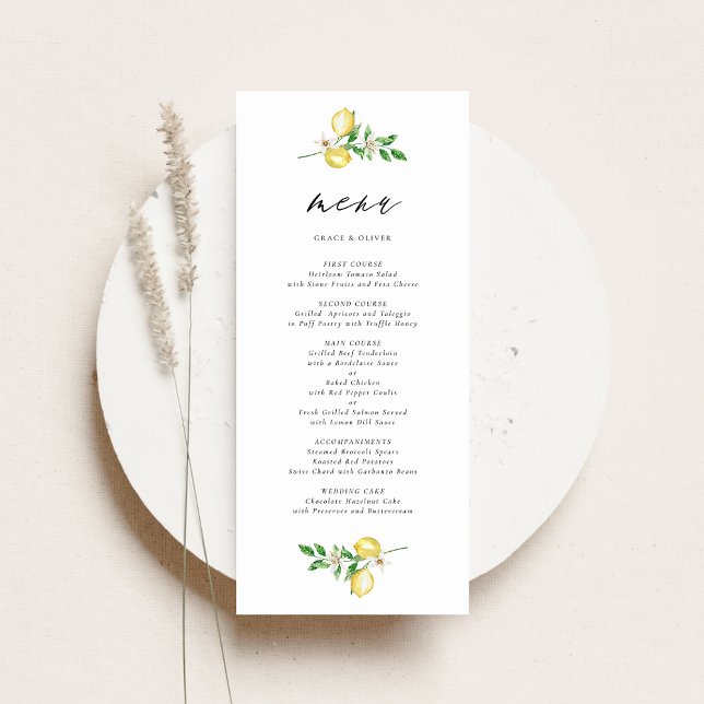Botaniskt citron och Greenery Watercolor Bröllop Meny (Customizable Wedding Menu Card with Watercolor Lemons, Blossoms & Greenery Wreath)