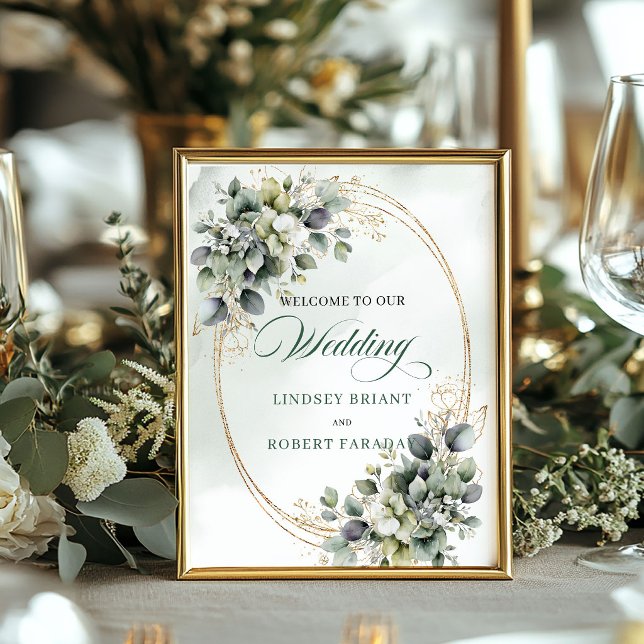 Botaniskt dammigt grönt akvarellbröllop välkommen poster (Botanical Dusty Green Watercolor Wedding Welcome)