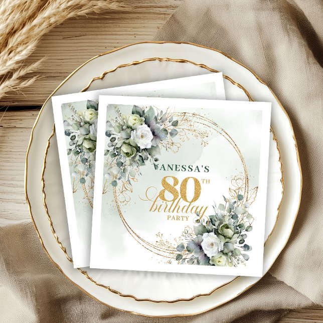 Botaniskt dammigt grönt Eukalyptus 80-årsdag  Pappersservett (Botanical Dusty Green Eucalyptus 80th Birthday Napkins)