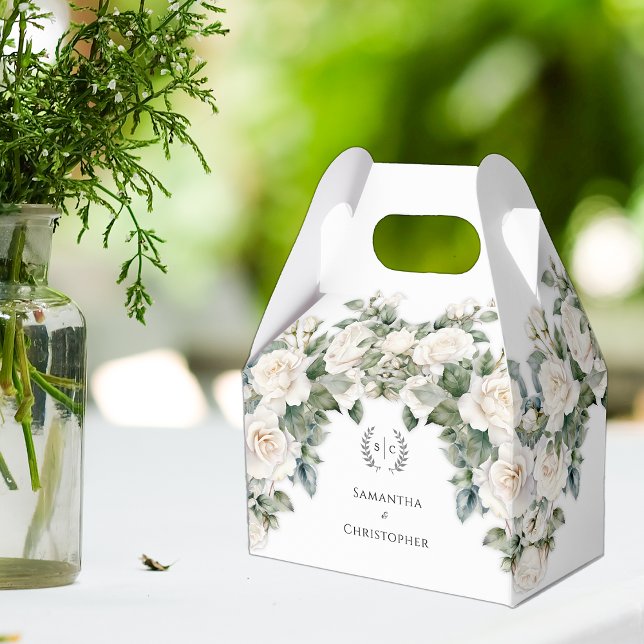 Botaniskt elegance Vit ros Monogram Bröllop Presentaskar (Skapare uppladdad)