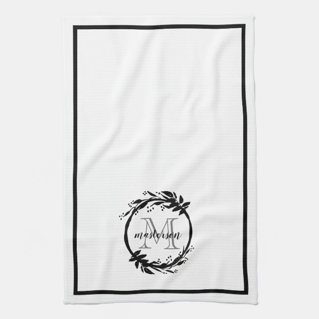 Botaniskt Elegant Svarta och vita familjens Monogr Kökshandduk (Vertikal)