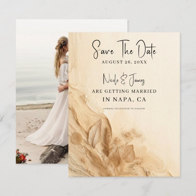 Botaniskt Elfenbenskräm Böhmisk Texturerad Kalende Inbjudningar (Fram/baksida)