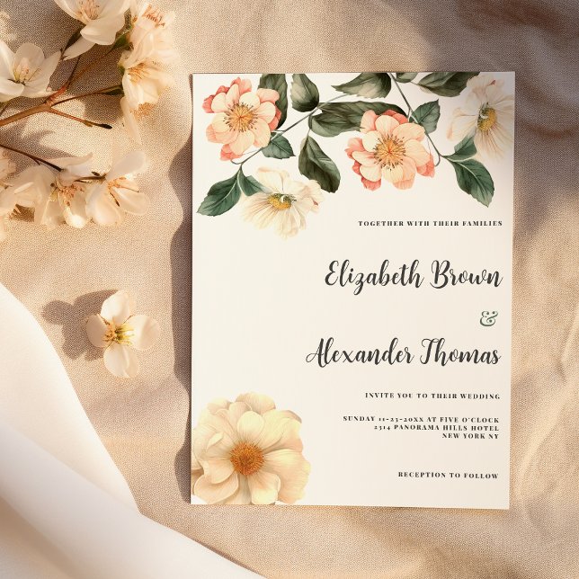Botaniskt elfenbensrosa korallgrönt blommande bröl inbjudningar (Botanical ivory pink coral green floral wedding)