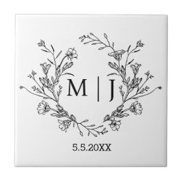 botaniskt enkelt typografiskt monogram bröllop kakelplatta