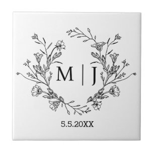 botaniskt enkelt typografiskt monogram bröllop kakelplatta