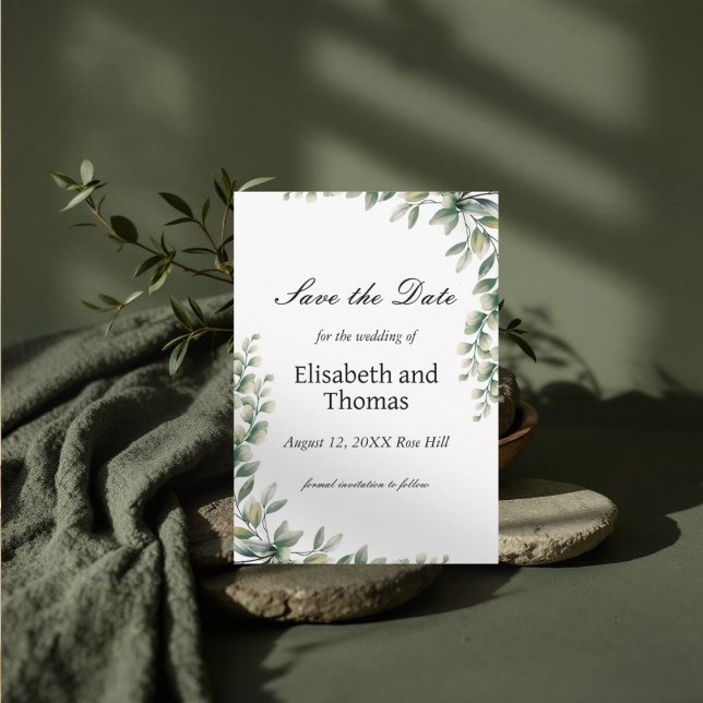 Botaniskt eukalyptus löv sparar datumkortet tack kort (Skapare uppladdad)