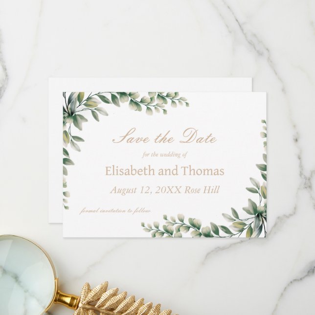 Botaniskt eukalyptus löv sparar datumkortet tack kort (Fram/Back In Situ)