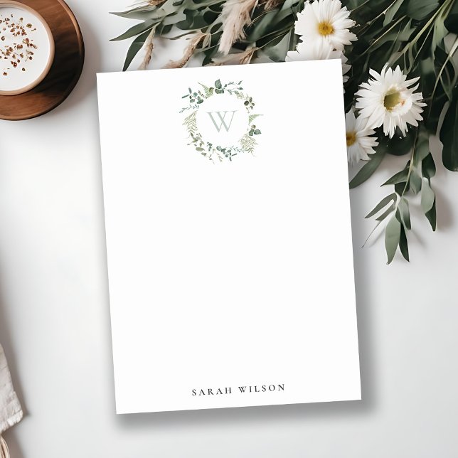 Botaniskt eukalyptus Vattenandningsfärg Monogram Anteckningskort (Skapare uppladdad)