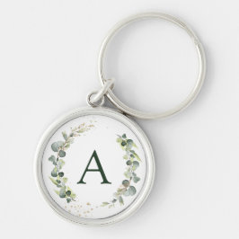 Botaniskt Eukalyptusmonogram Grönska Bröllop Rund Silverfärgad Nyckelring
