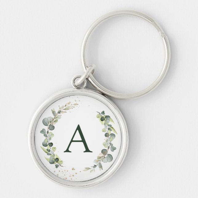Botaniskt Eukalyptusmonogram Grönska Bröllop Rund Silverfärgad Nyckelring (Framsidan)