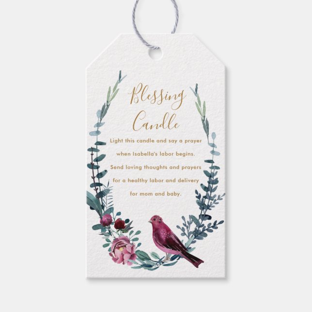 Botaniskt fågelvilt Christian Blessing Candle Pray Presentetikett (Framsidan)