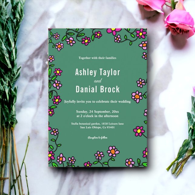 Botaniskt färgstarkt Ro Rustic Blommigt Bröllop Inbjudningar (Skapare uppladdad)