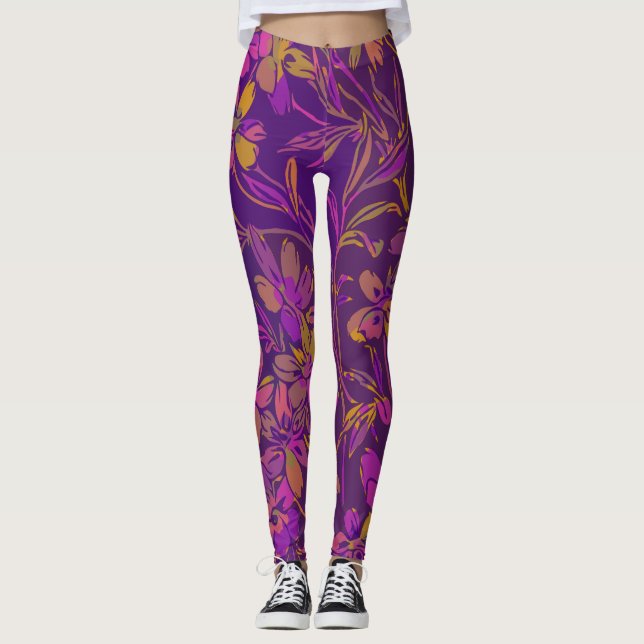 Botaniskt fet Blommönster i Mörkens Lila Leggings (Framsida)