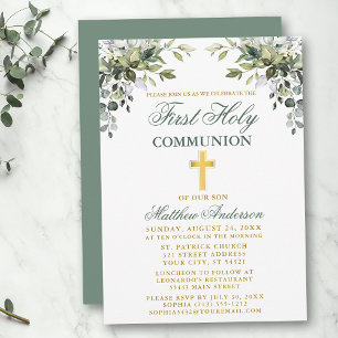 Botaniskt First Communion Sage Grönt Guld Inbjudningar