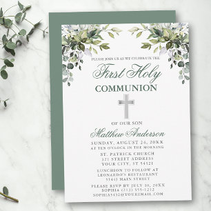 Botaniskt First Communion Sage Grönt Silver Inbjudningar