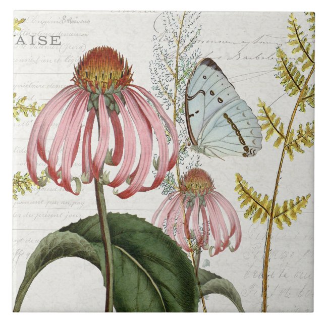 Botaniskt fjäril Rosa Wildblomma Fern Vintage 3 Kakelplatta (Framsidan)