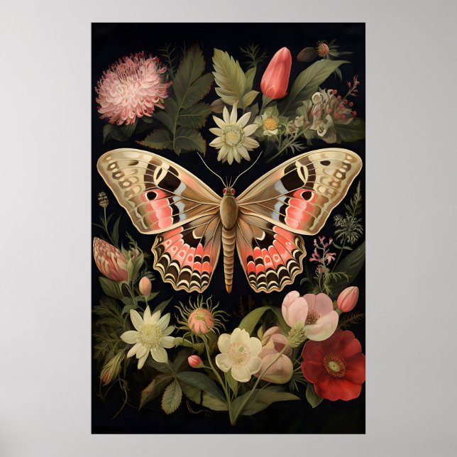 Botaniskt fjärilstryck för vägg, Mörk Akademia Poster (Framsidan)