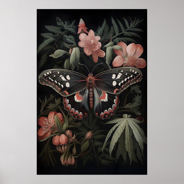 Botaniskt fjärilstryck, Mörk Akademi-moth Poster (Framsidan)
