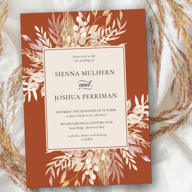 Botaniskt Foliage Terracotta Cream Bröllop Inbjudningar (Terracotta wedding invitation with neutral fall foliage and stylish framed design)