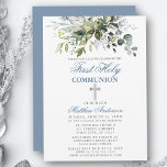Botaniskt första samfund Silver Dusty Blue Inbjudningar<br><div class="desc">Modern Elegant Kommuniation Första Heligan Inbjudan omfattar vattenfärgen eukalyptus löv och andra vackra botaniska grönområden. Silver Kor. Dusty Blue Back.</div>