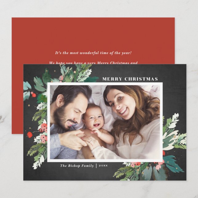 Botaniskt foto av vattenfärg Hollies Chalkboard (Fram/baksida)