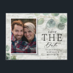 botaniskt foto av vitt trä, eukalyptus, bröllop meddelande vykort<br><div class="desc">Modern manus-eukalyptus botaniskt foto-bröllop spara datum-vykort. Snyggtens elegant,  modern utformning.</div>