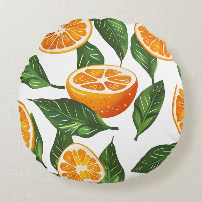 Botaniskt fruktorange Citrus sömlöst mönster Rund Kudde (Framsidan)
