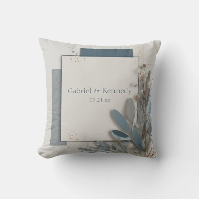 Botaniskt geometriskt blått och Beige Bröllop Kudde (Framsida)