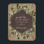 Botaniskt Geometriskt kalkkort Bröllop Magnet<br><div class="desc">En magnet i bröllop spara datum med en botanisk design med en schalkboard-geometrisk design över en brun bakgrund.</div>