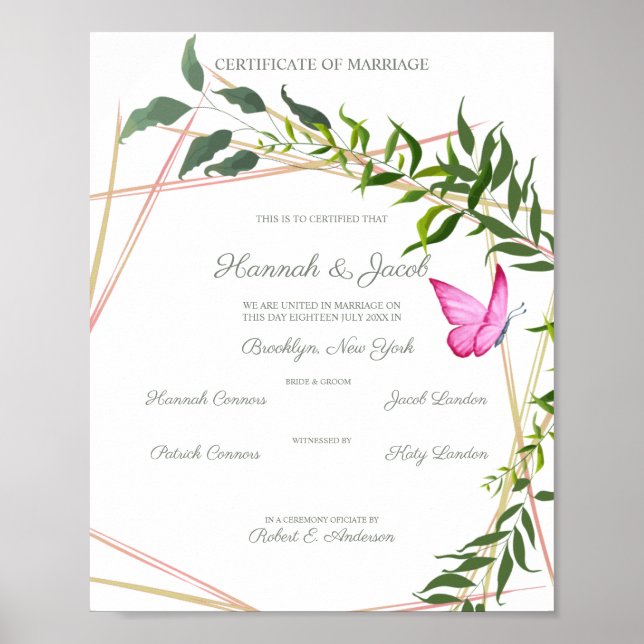 Botaniskt geometriskt med Löv och fjäril Poster (Framsidan)