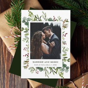 Botaniskt gift och Merry Greenery Newlyged Photo Julkort