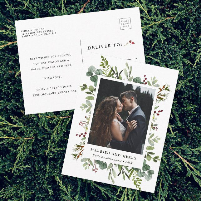 Botaniskt Gifta & Glada Nygifta Foto Jul Vykort (Front & Back)