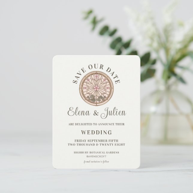 Botaniskt glasmålade bröllop Save The Date Spara Datumet (Stående Fram)