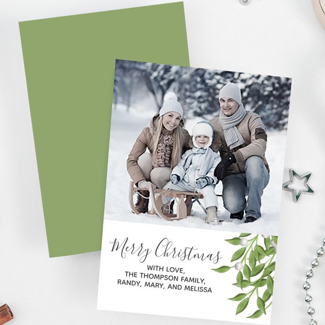 Botaniskt God jul ett foto Julkort (Merry Christmas holiday greenery photo card with greenery. )