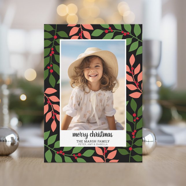 Botaniskt Gräns Coral Black - Lodrät Photo Julkort (A modern holiday card with a coral, black and green botanical border.)