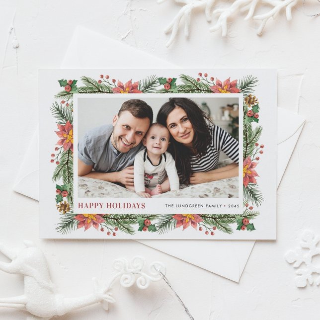 Botaniskt Gräs Nål och Poinsettias Ram Photo Helg Vykort (Customizable Photo Holiday Card Featuring Watercolor Pine Needles, Pine Cones, Poinsettia & Berries)