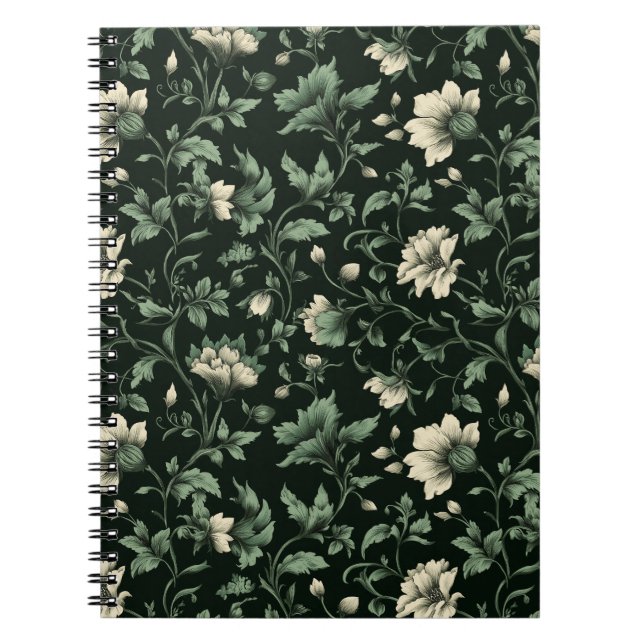 Botaniskt grön blomkräm blommönster anteckningsbok (Framsidan)