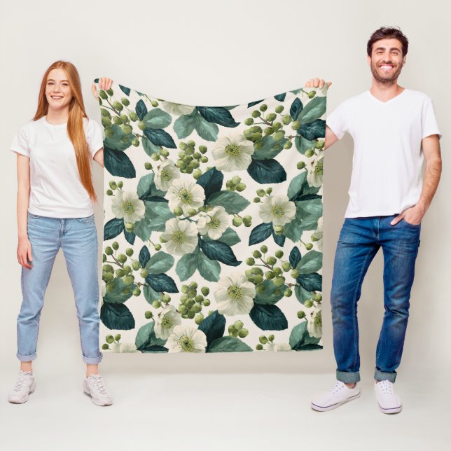 Botaniskt grön blomkräm blommönster fleecefilt (På plats)