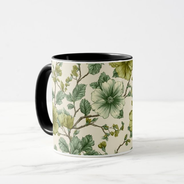 Botaniskt grön blomkräm blommönster mugg (Framsida vänster)