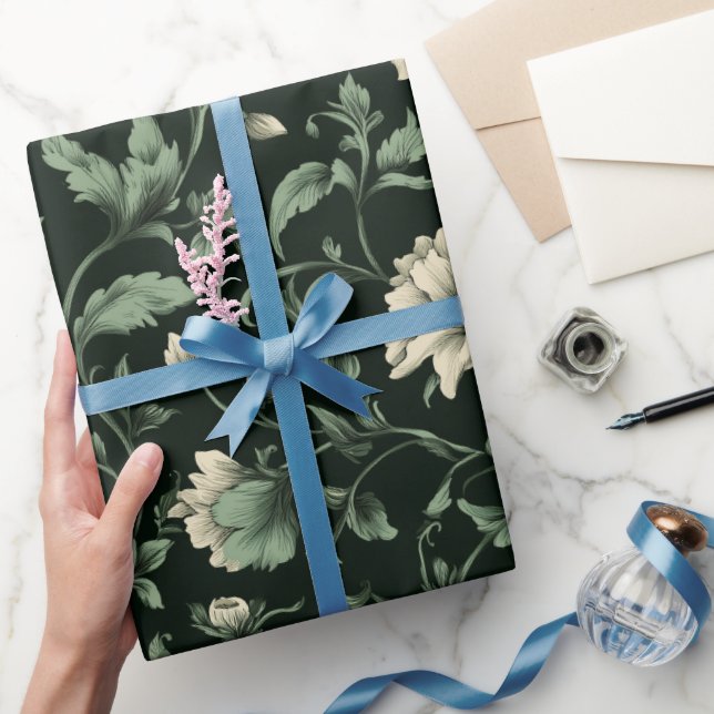 Botaniskt grön blomkräm blommönster presentpapper (Gifting)